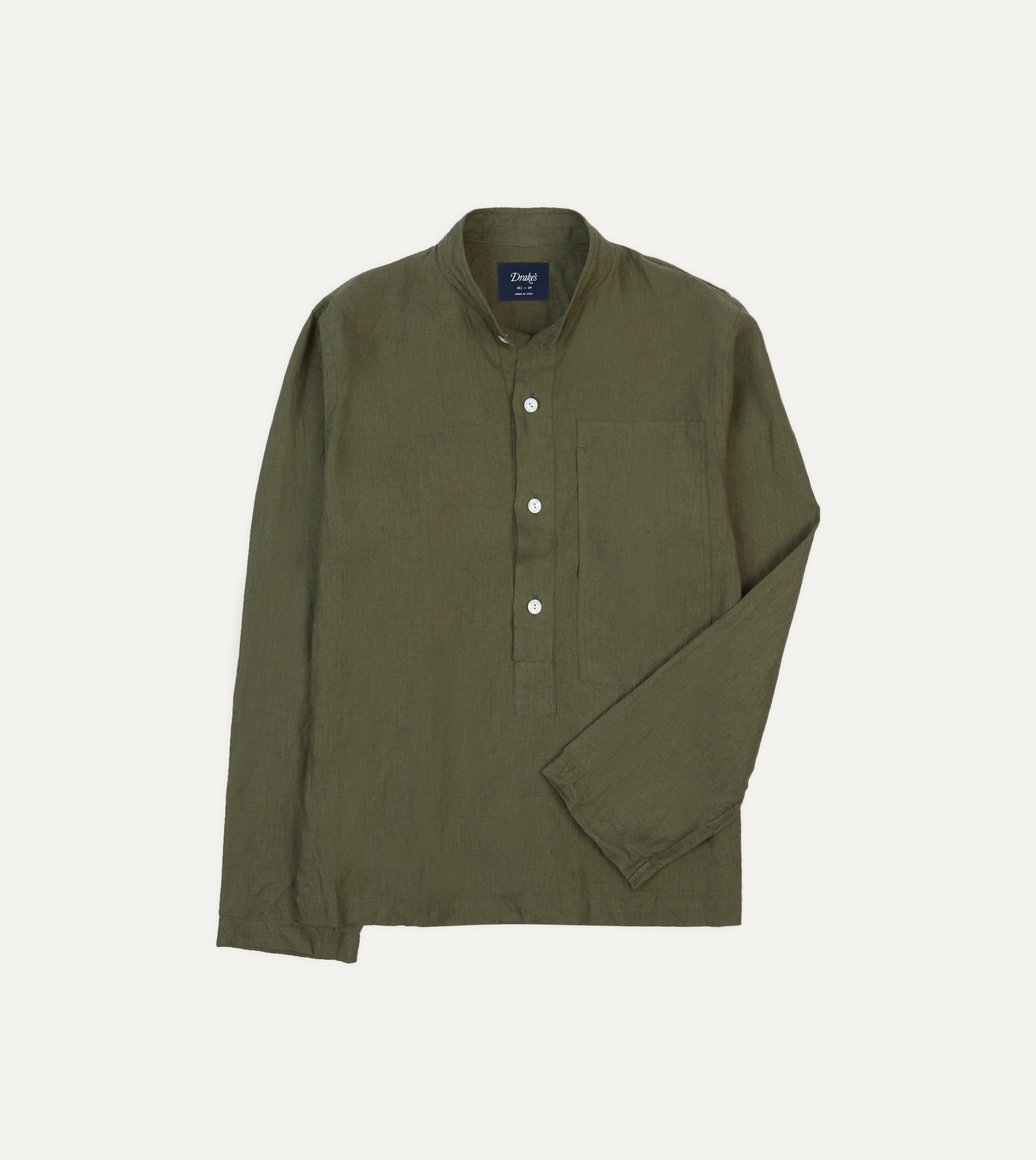 Olive Linen Mandarin Collar Popover Shirt