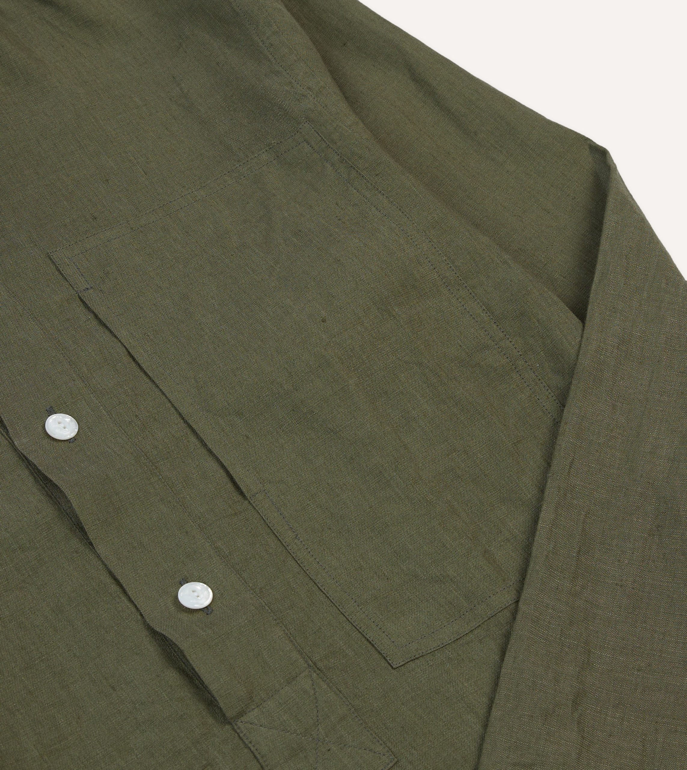 Olive Linen Mandarin Collar Popover Shirt - Image 4