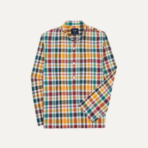 Red. Blue and Green Madras Check Cotton Mandarin Collar Popover Shirt