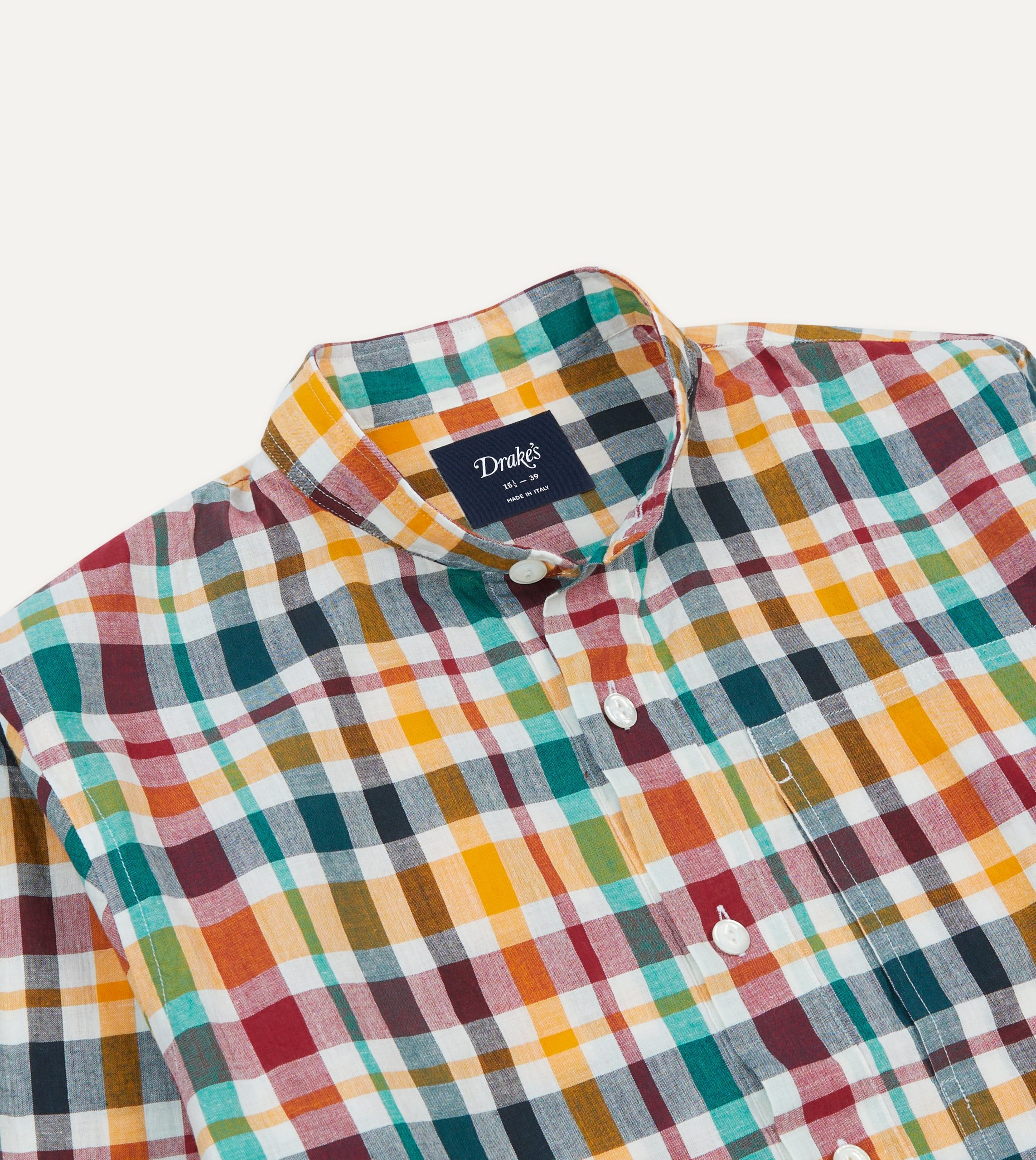 Red. Blue and Green Madras Check Cotton Mandarin Collar Popover Shirt - Image 3