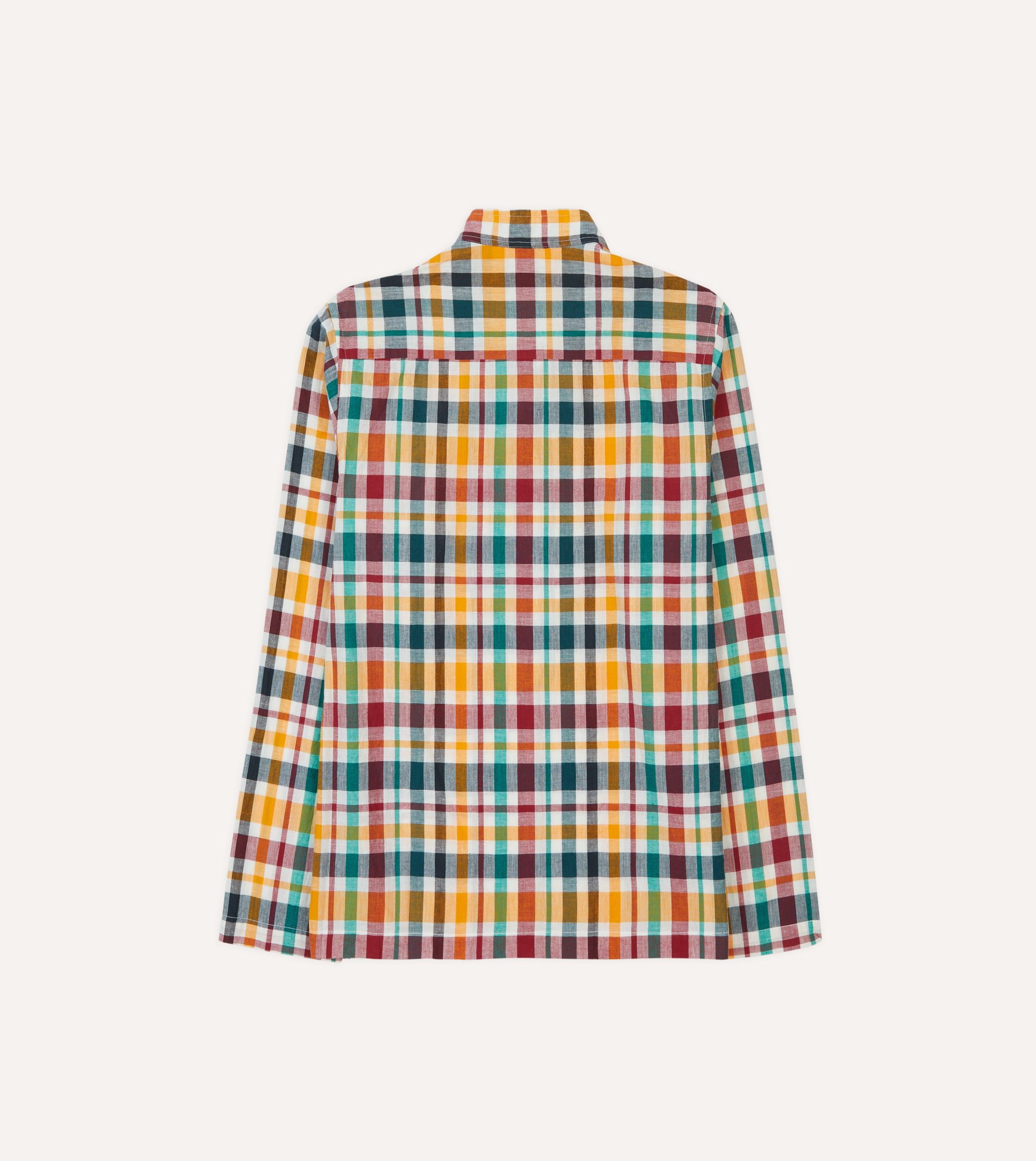 Red. Blue and Green Madras Check Cotton Mandarin Collar Popover Shirt - Image 6