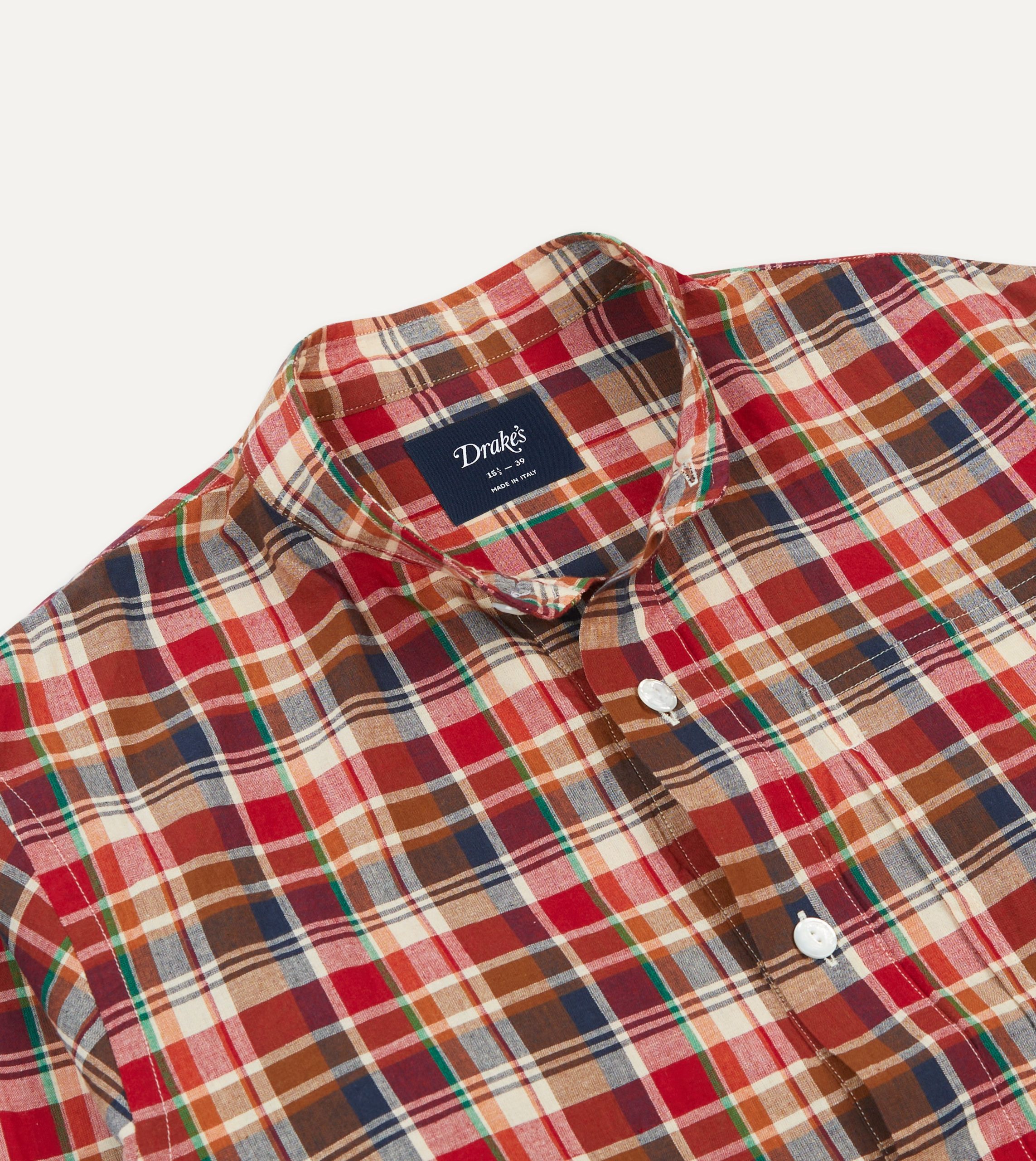 Brown. Navy and Red Madras Check Cotton Mandarin Collar Popover Shirt - Image 3