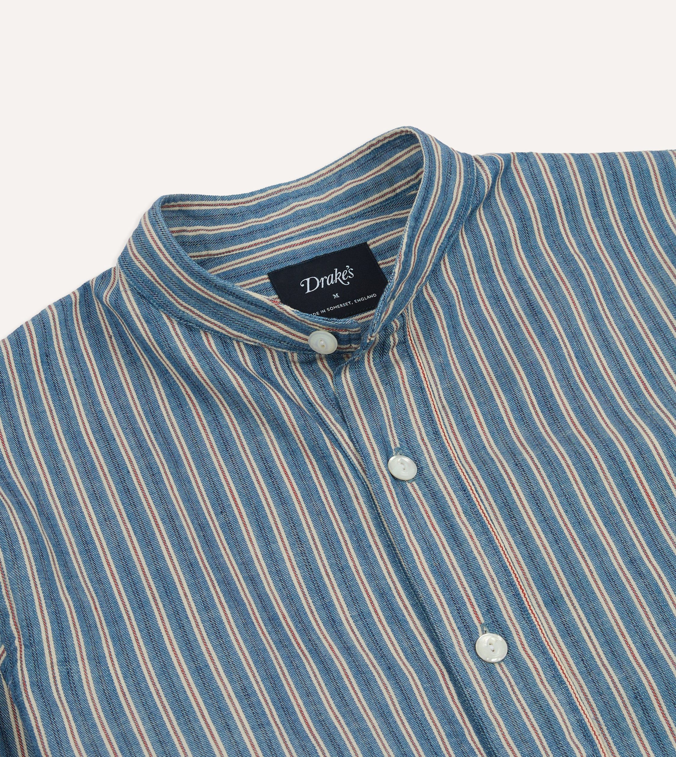 Indigo Stripe Cotton Mandarin Collar Popover Shirt - Image 3