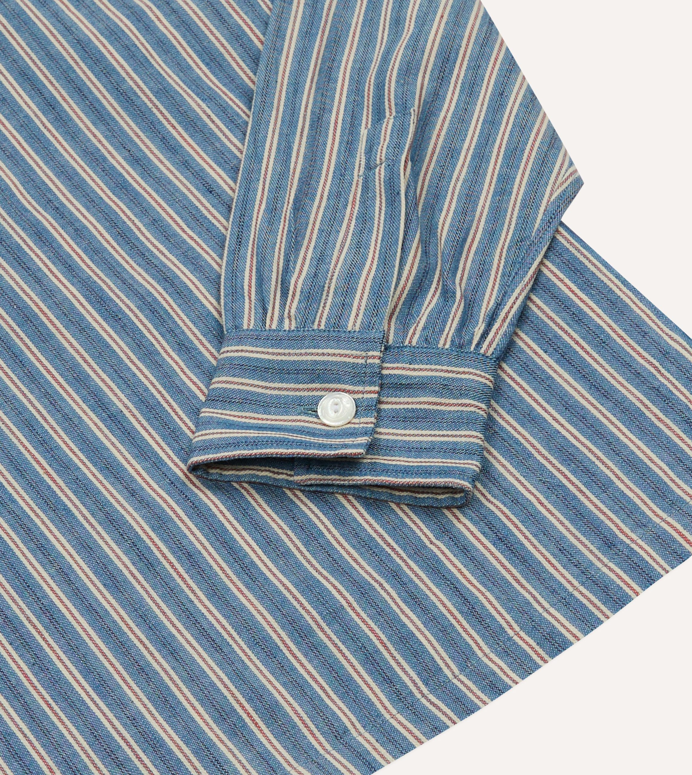 Indigo Stripe Cotton Mandarin Collar Popover Shirt - Image 4