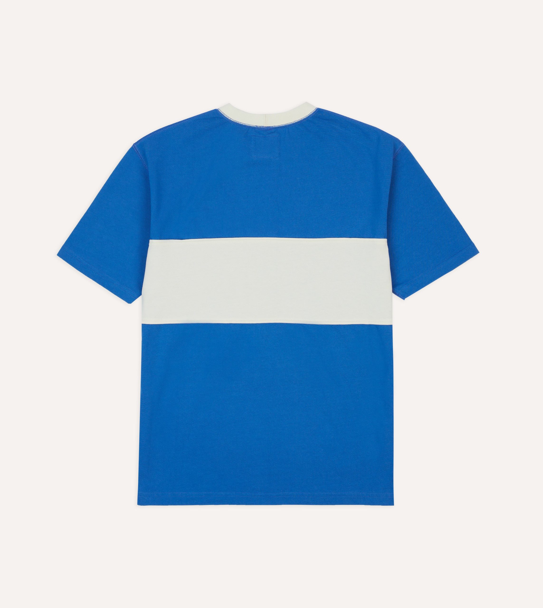 Blue and Ecru Panel Stripe Cotton Crew Neck Hiking T-Shirt - Image 4