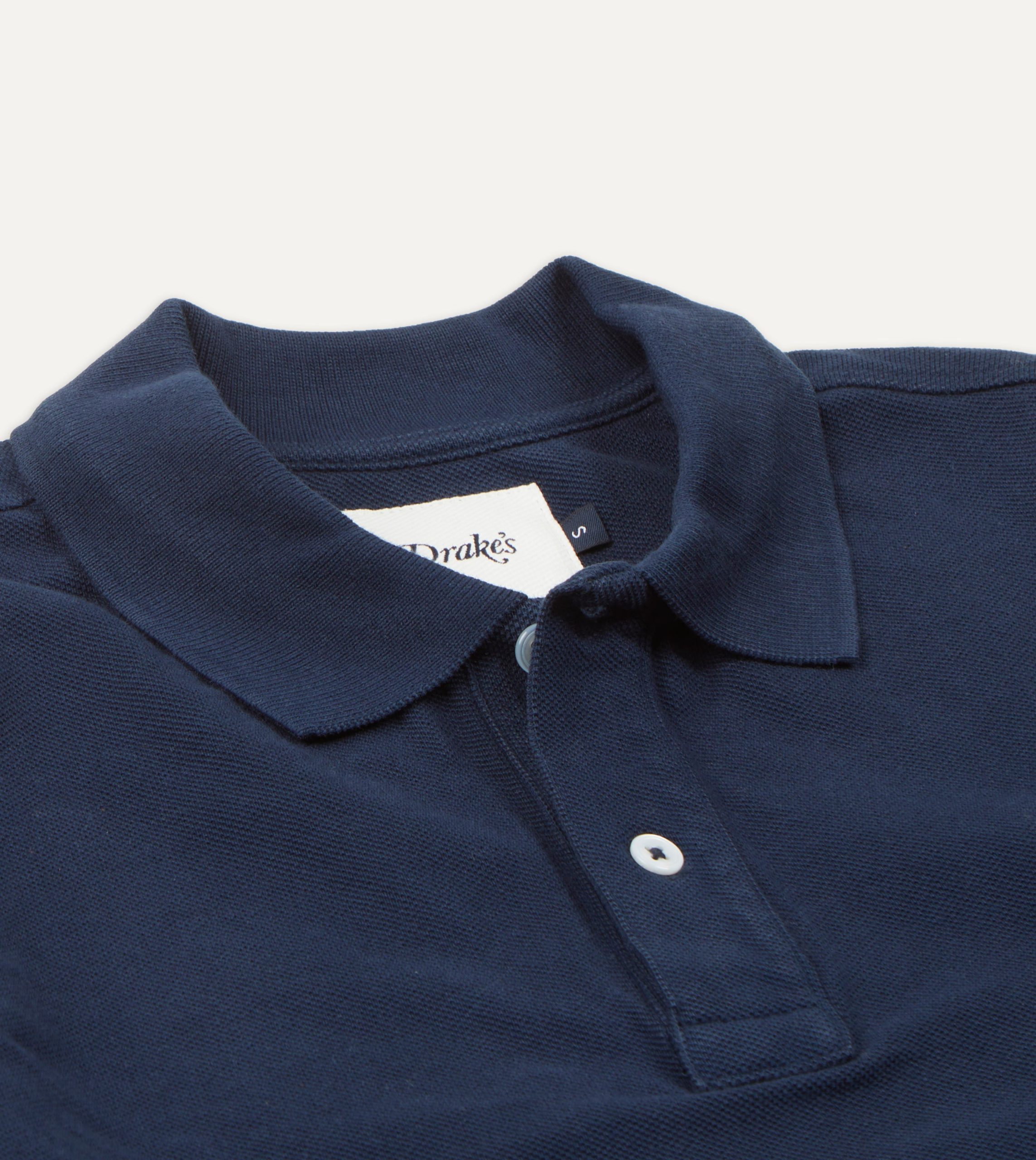 Light Navy Pique Cotton Long-Sleeve Polo Shirt - Image 3