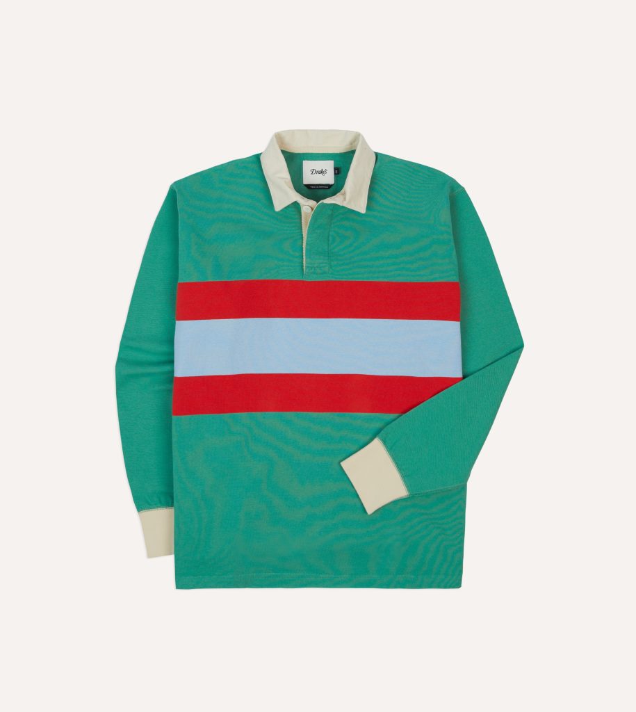 Green. Blue and Red Centre Stripe Cotton Rugby Shirt