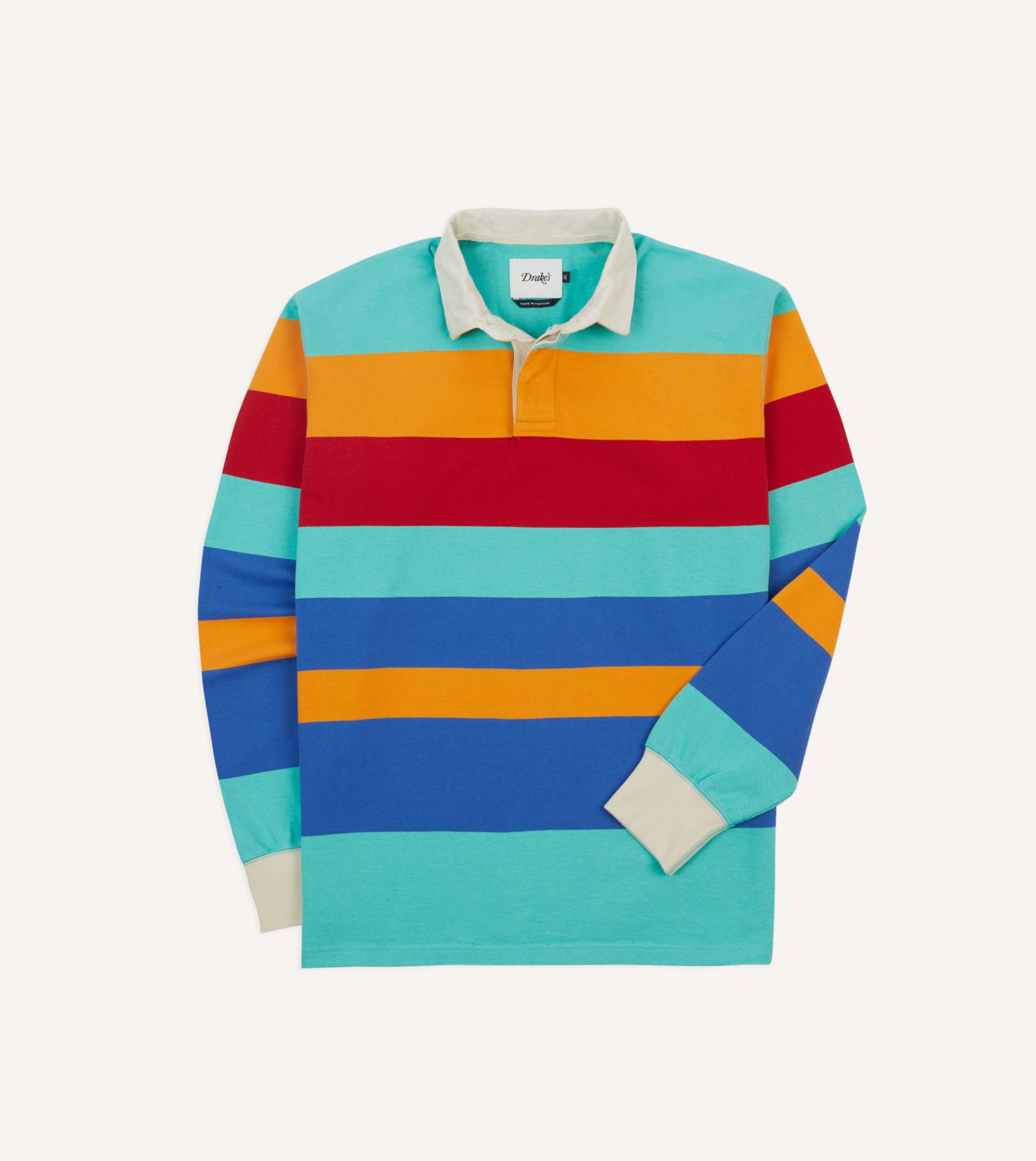 Turquoise. Yellow. Blue and Red Multi Stripe Cotton Rugby Shirt
