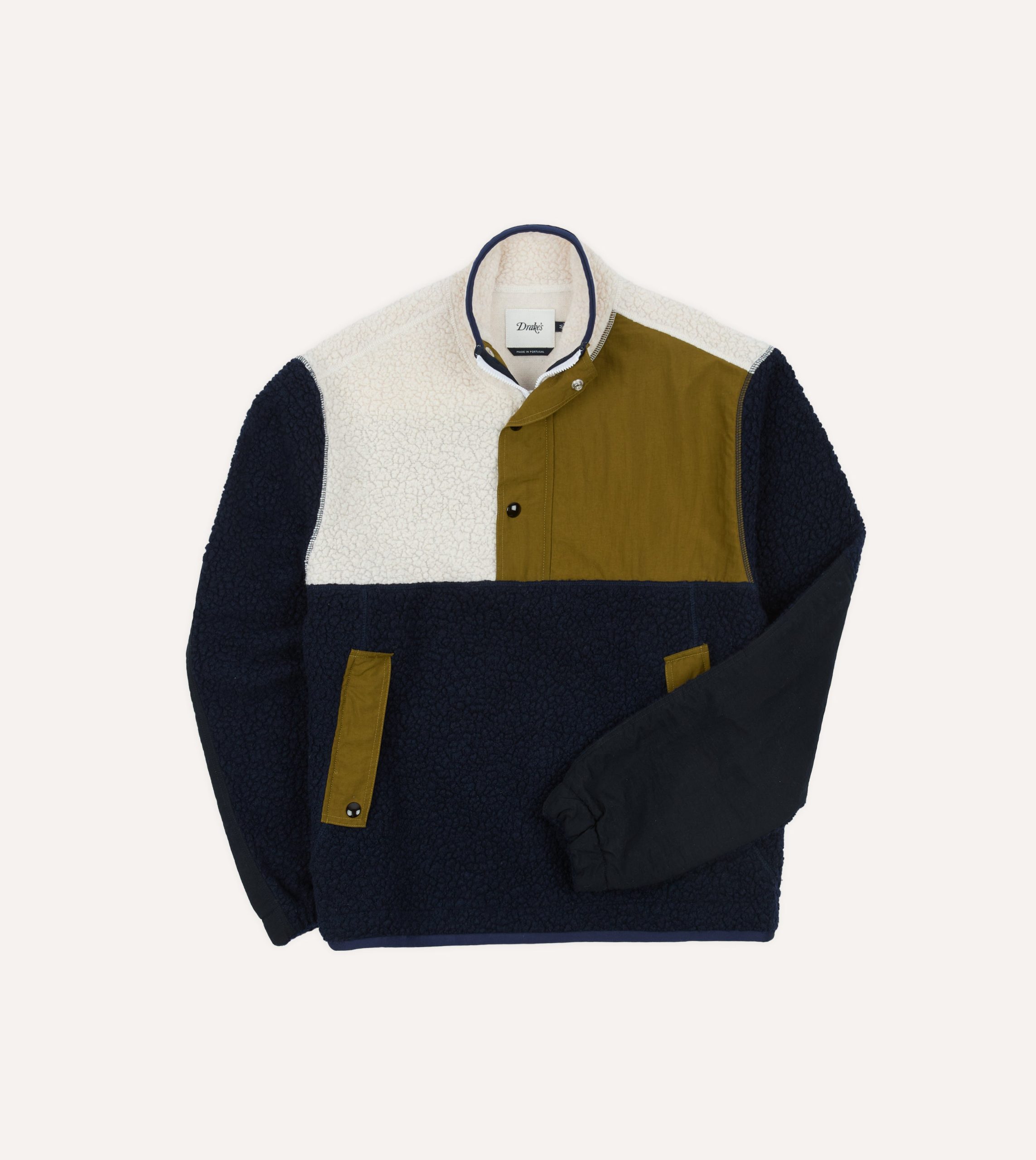 Navy. Ecru and Khaki Boucle Wool Half-Zip Fleece Jacket