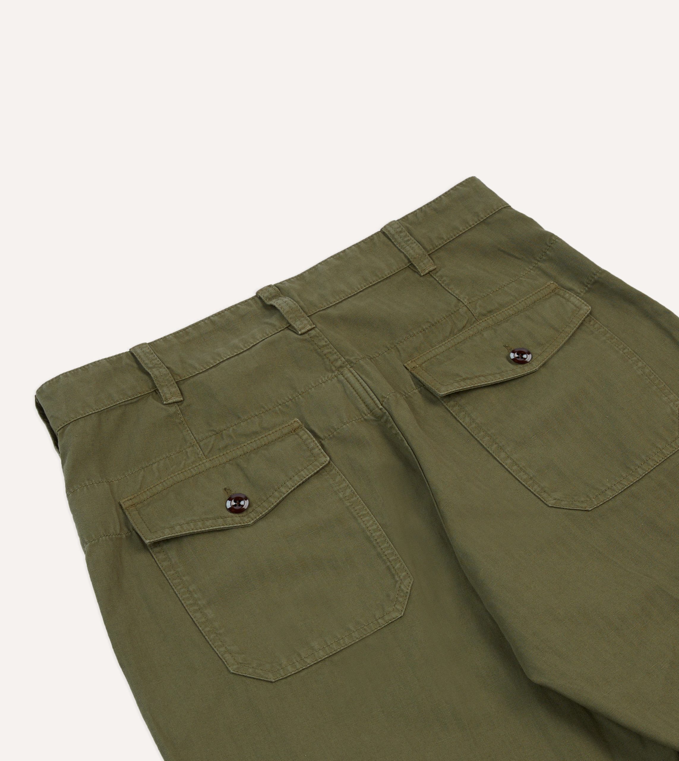 Olive Cotton-Linen Herringbone Fatigue Trouser - Image 5