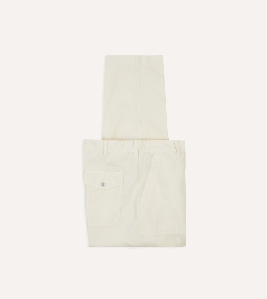 Ecru Cotton-Linen Herringbone Fatigue Trouser