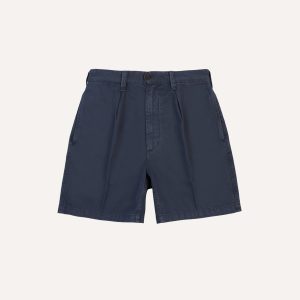 Washed Navy Cotton Twill Single-Pleat Shorts