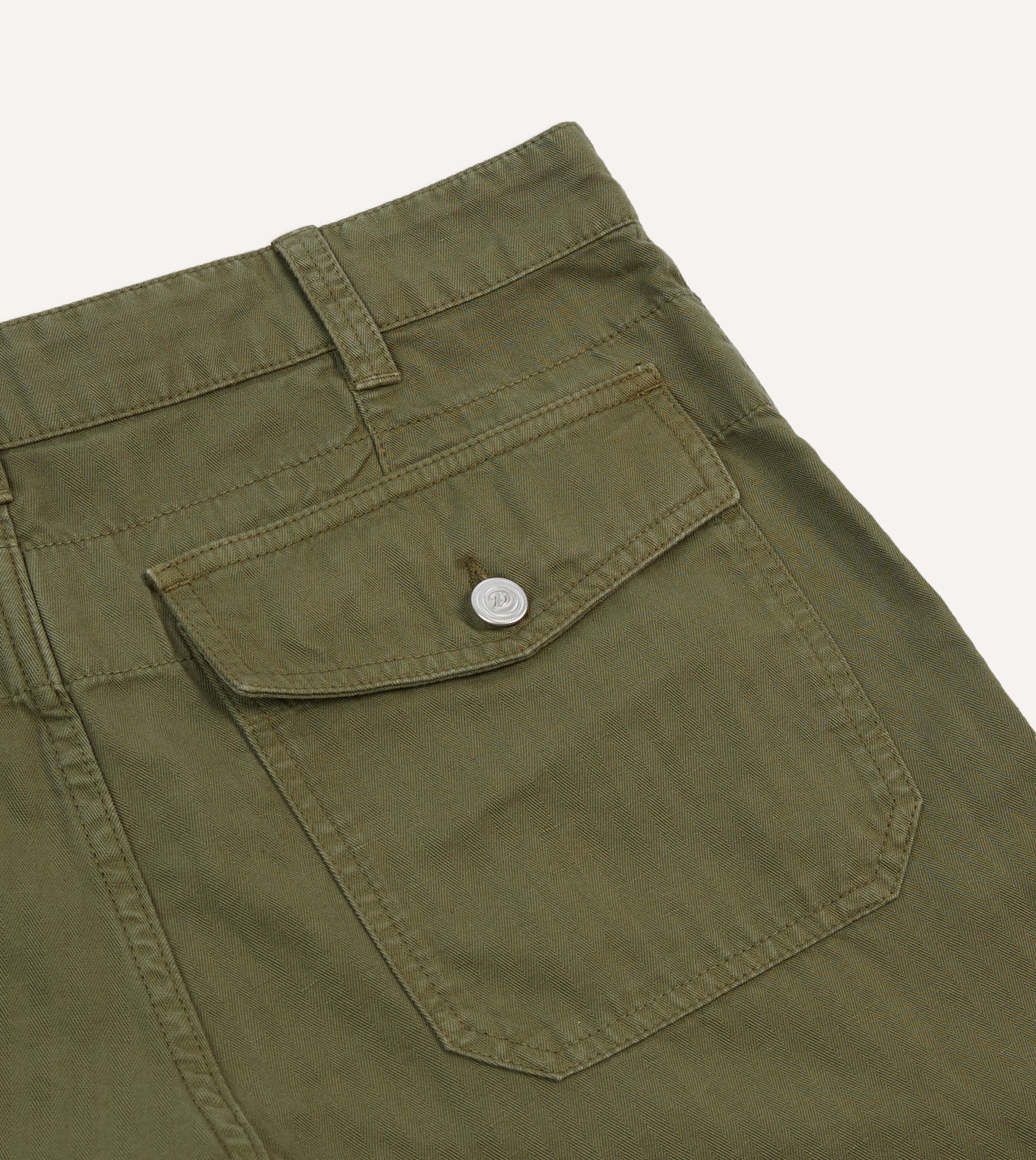 Olive Cotton-Linen Herringbone Fatigue Shorts - Image 4
