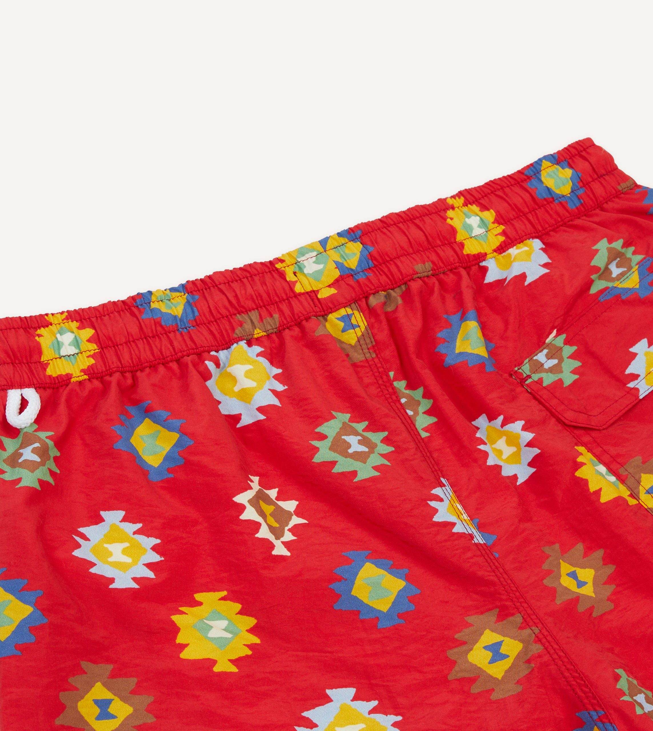 Red Kilim Print Nylon Drawstring Swim Shorts - Image 5