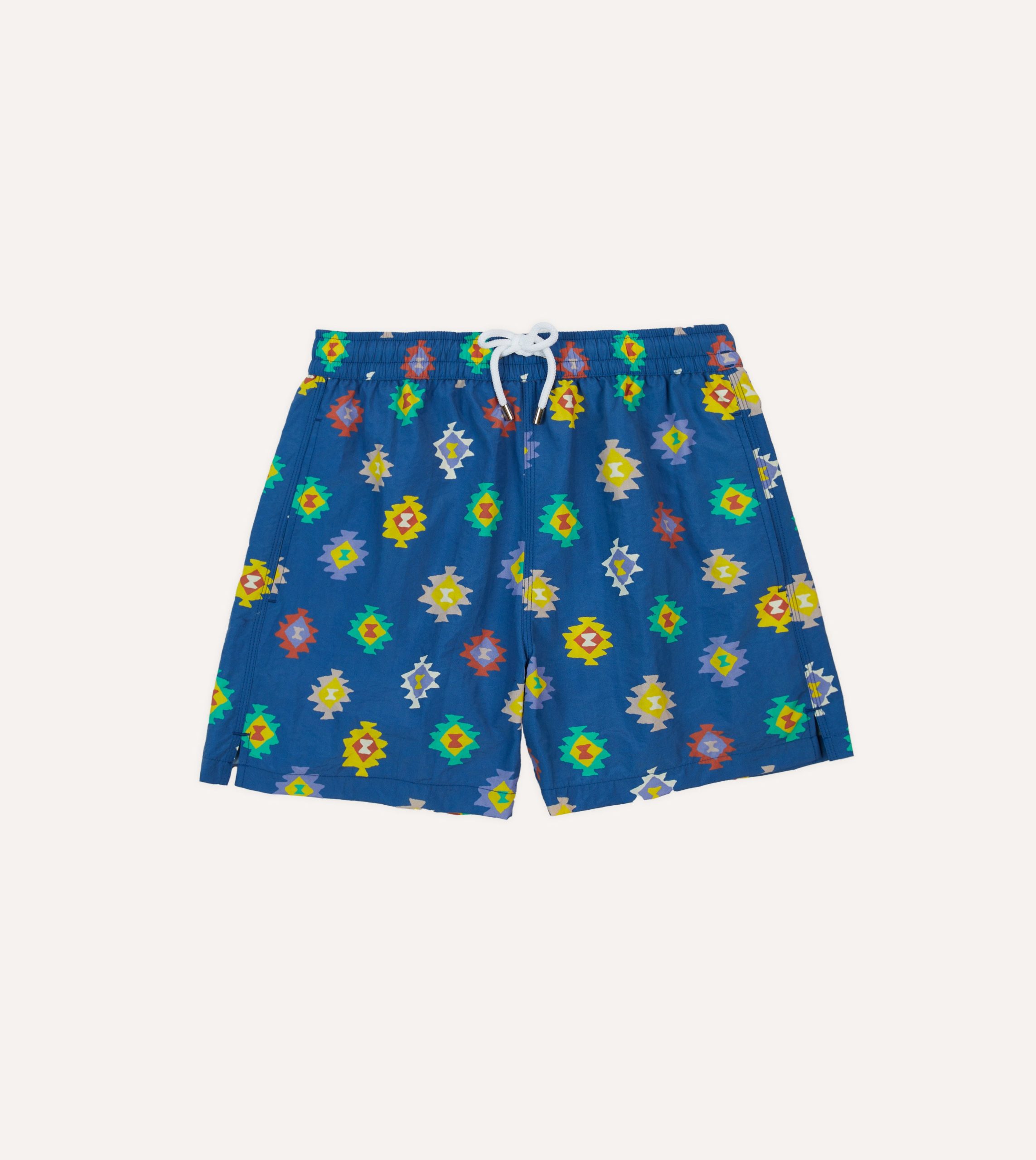 Blue Kilim Print Nylon Drawstring Swim Shorts