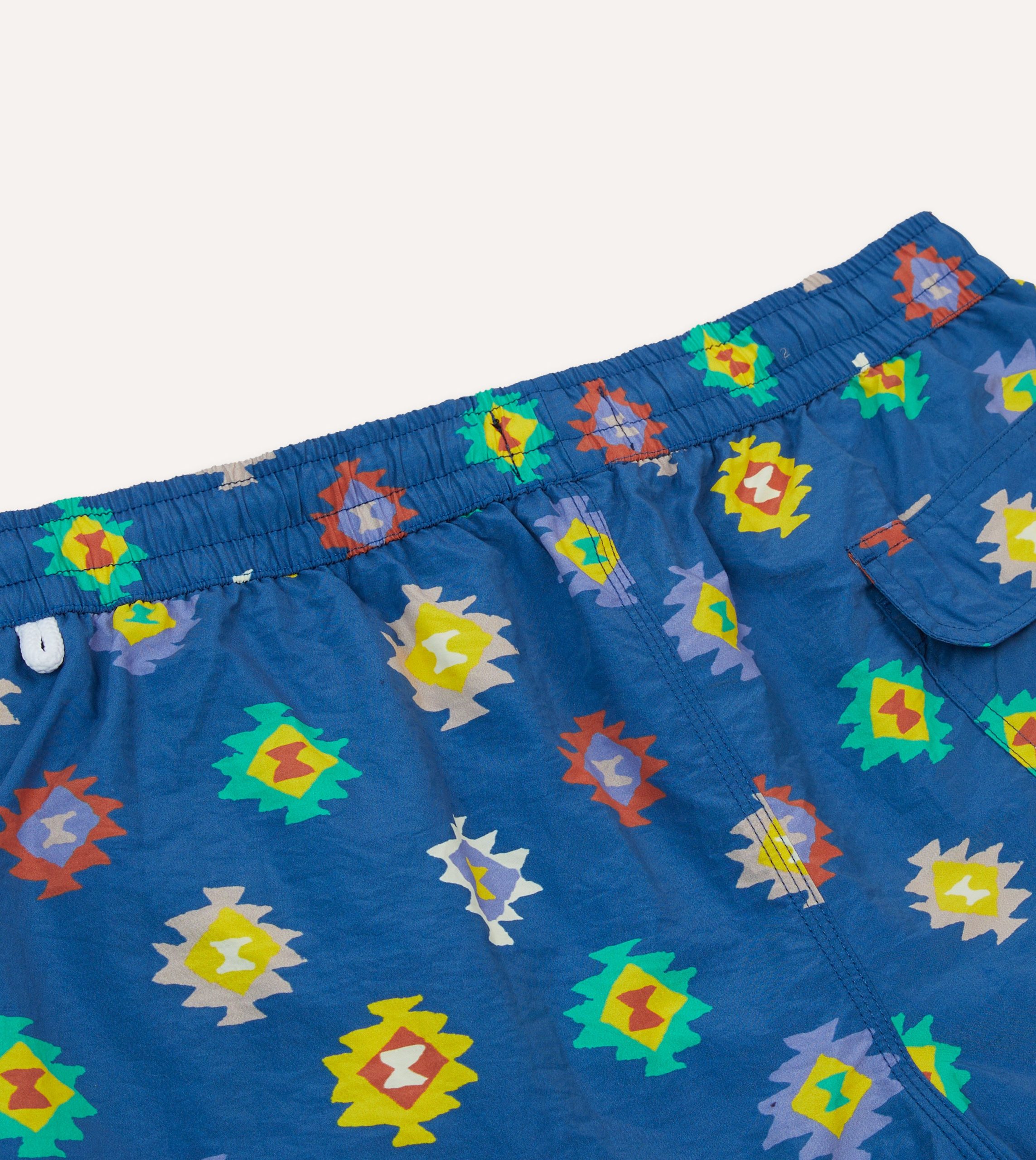 Blue Kilim Print Nylon Drawstring Swim Shorts - Image 5