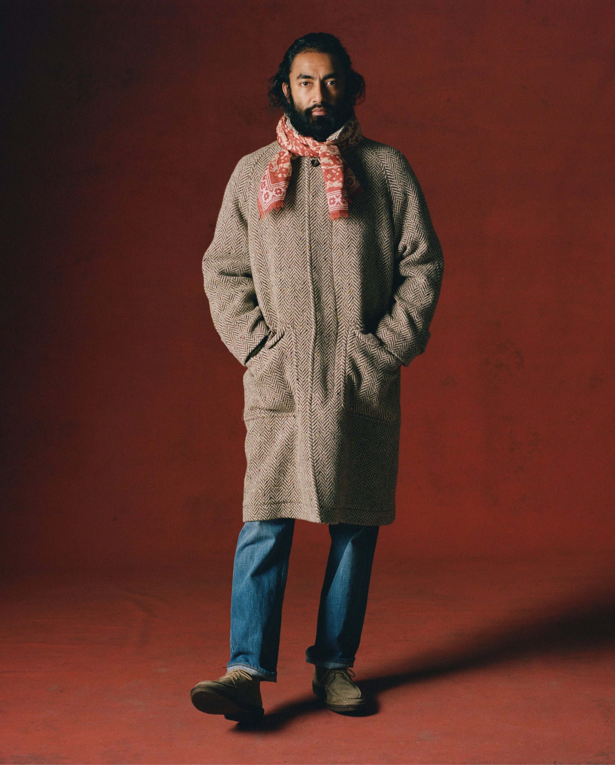 Taupe Herringbone Flecked Wool Raglan Coat - Image 9